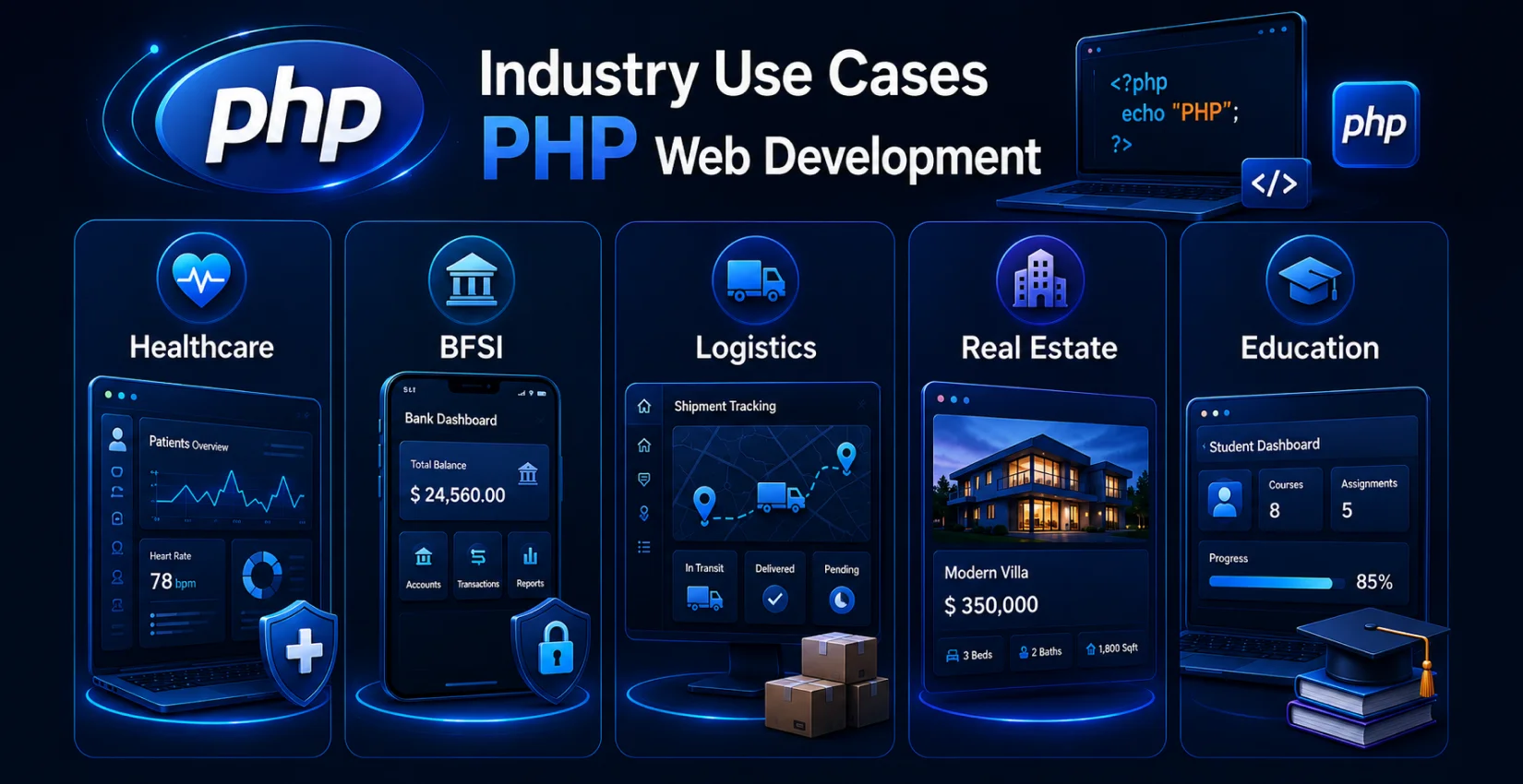 PHP use cases across healthcare, BFSI, logistics, real estate, and education.